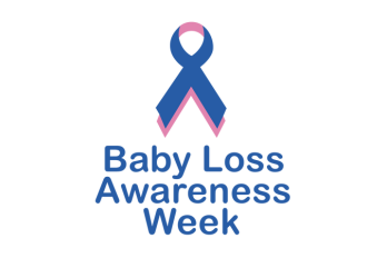 Blue and pink ribbon with text reading 'Baby Loss Awareness Week' 