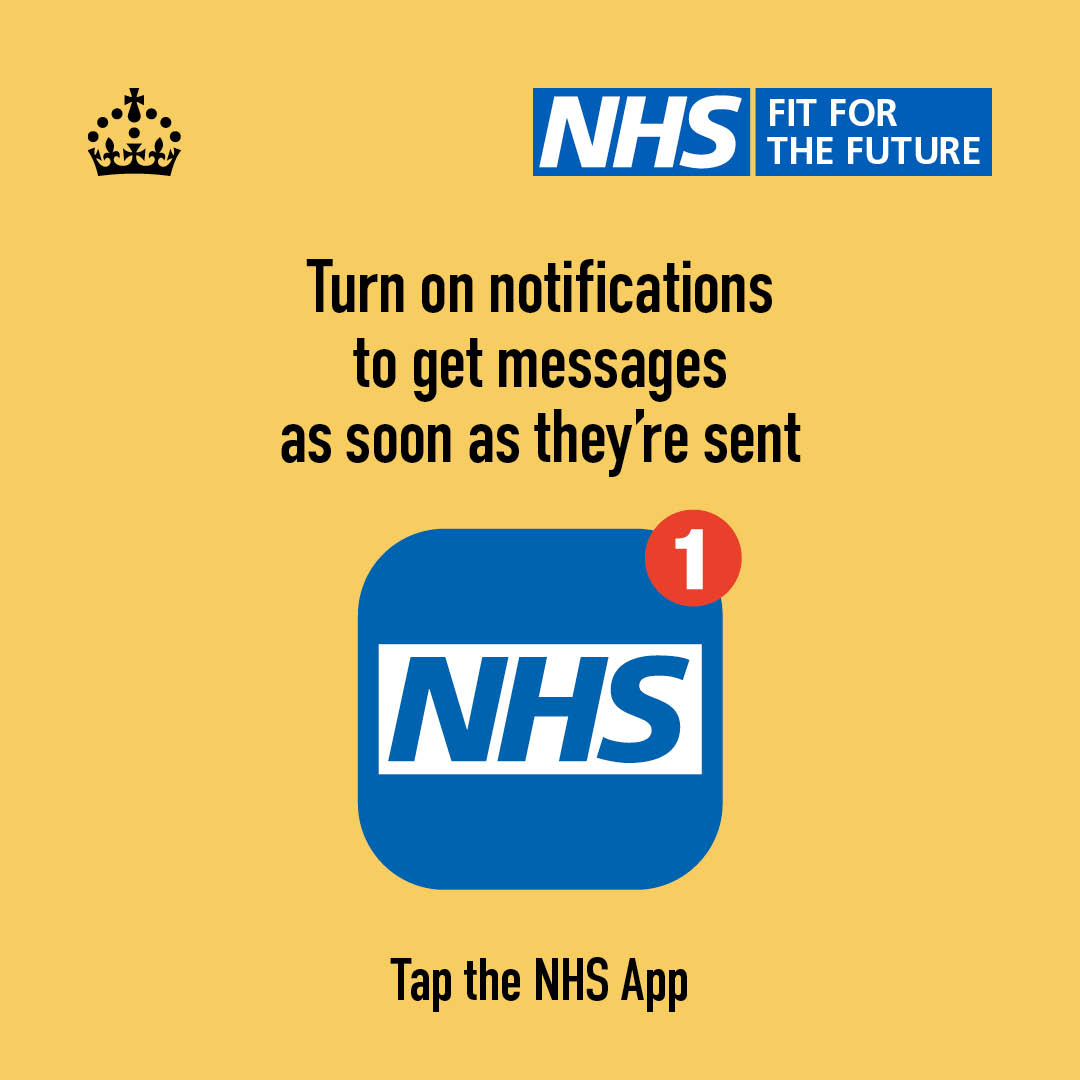 Graphic of NHS App icon and text reading: Turn on notifications to get messages from the NHS App as soon as they're sent. 