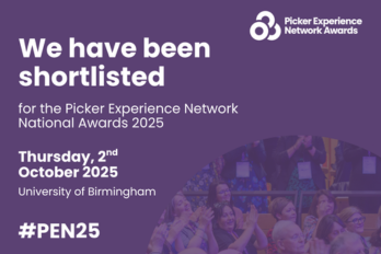 Text reading 'We have been shortlisted for the Picker Experience Network National Awards 2025, Thursday 2 October 2025 at the University of Birmingham'